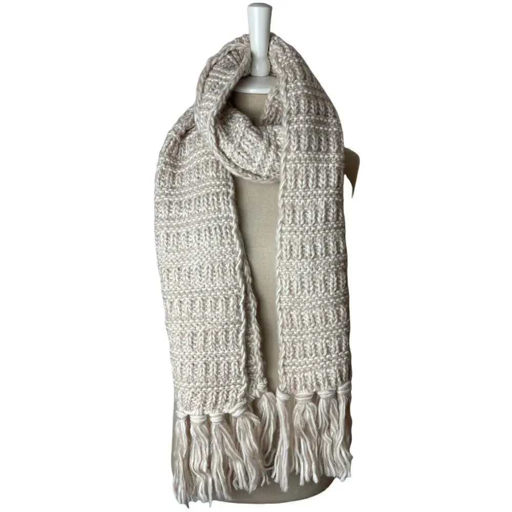 Long Ivory Heavy Knit Scarf With Fringe